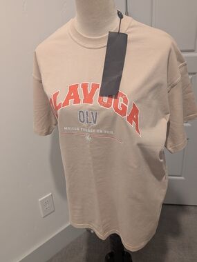 Beige Short Sleeve Logo Tee with Red and Gray Graphic